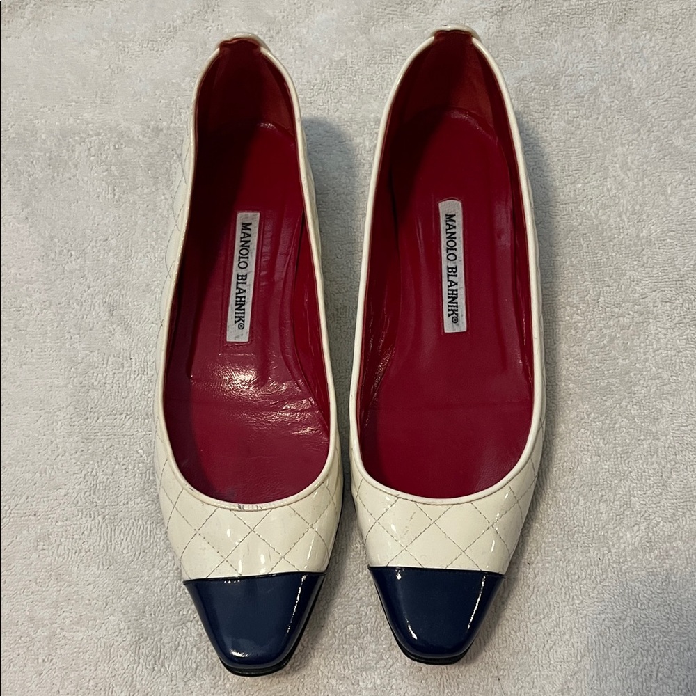 Manolo Blahnik Quilted Cream and Navy Flats